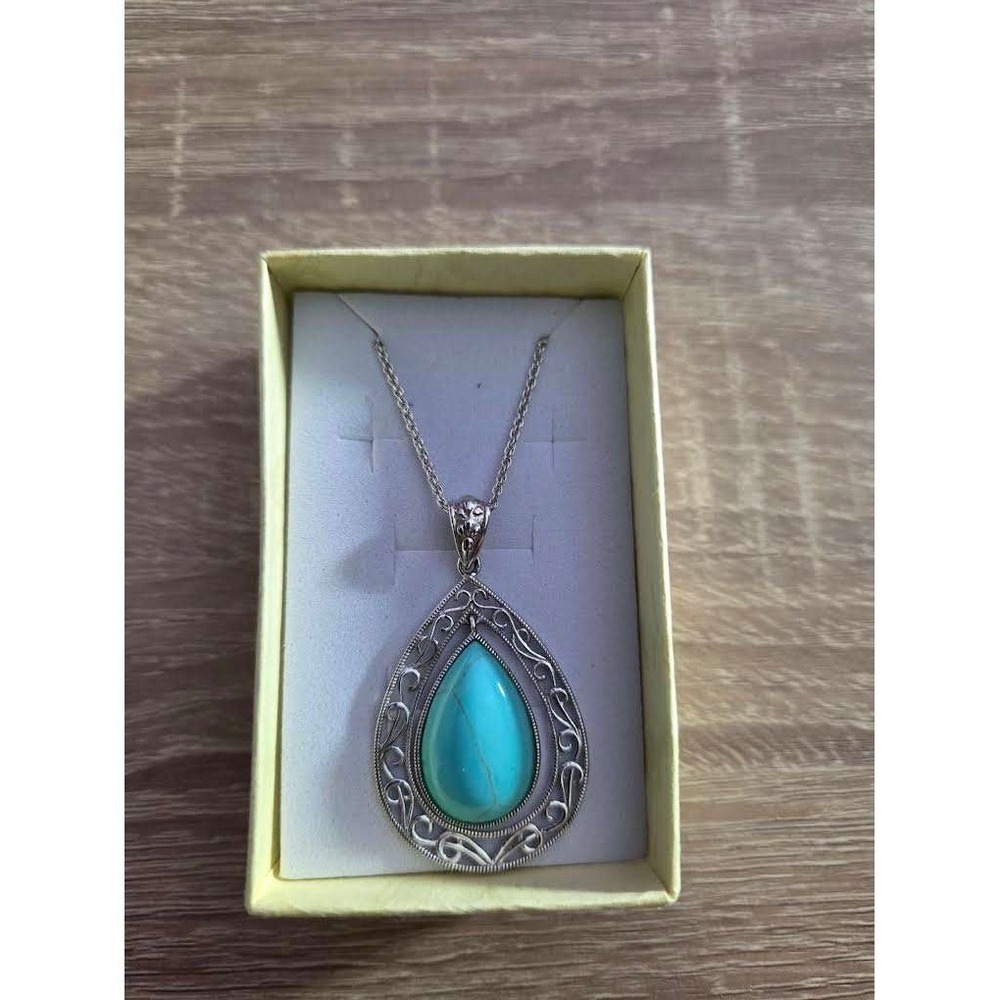 R.H. Macy Sterling Silver Turquoise Filigree Teardrop Pendant Necklace 18in
